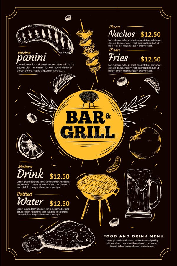 Grill Menu Concept. Grill Menu for Restaurants, Steak House, Bars and Snack- bar. Hand Drawn Doodle BBQ and Grill Menu Design Stock Vector -  Illustration of house, cafe: 213816392