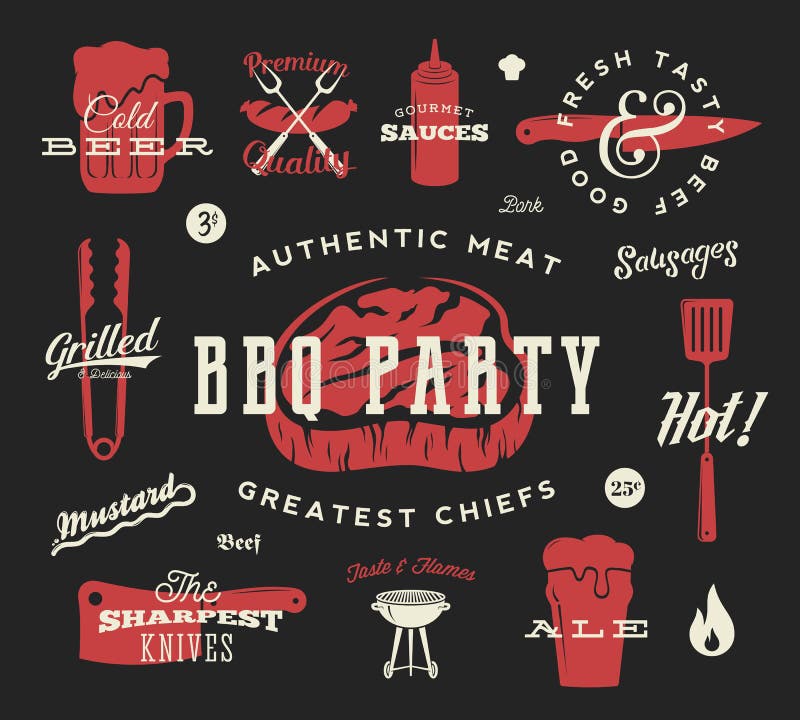 Grill-Partei-Vektor-Retro- Symbol-Satz Fleisch-und Bier-Ikonen-Typografie-Muster Steak, Wurst, Grill-Zeichen Rot auf Dunkelheit stock abbildung Grill-Partei-Vektor-Retro- Symbol-Satz Fleisch-und Bier-Ikonen-Typografie-Muster Steak, Wurst, Grill-Zeichen Rot auf Dunkelheit stock abbildung