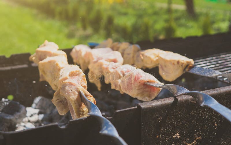 The grill season is open. stock photo. Image of skewers 185547018