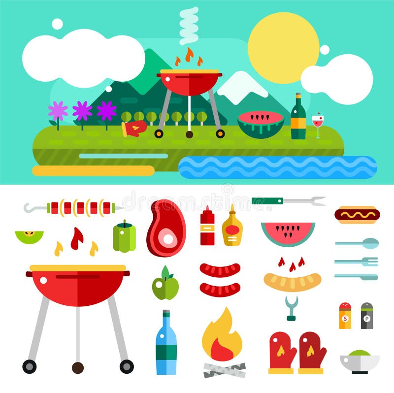 Grill und Lebensmittel im Freien Vektor-Gegenstände eingestellt lizenzfreie abbildung Grill und Lebensmittel im Freien Vektor-Gegenstände eingestellt lizenzfreie abbildung
