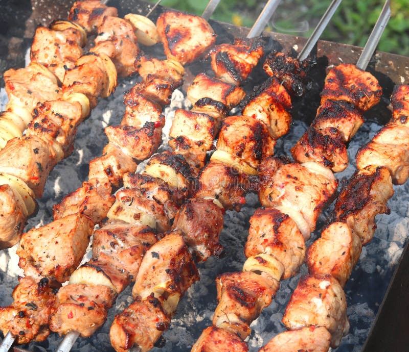Grill? w skewers z soczystym apetycznym wy? mienicie mi? snym zbli? eniem zdjęcie royalty free