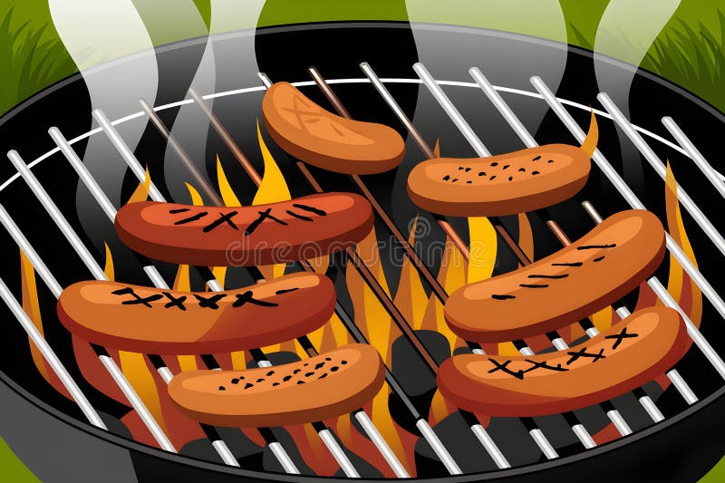 Grill grill grill z kiełbasy i płomienie zapraszające na zewnątrz scenę grilla ilustracji