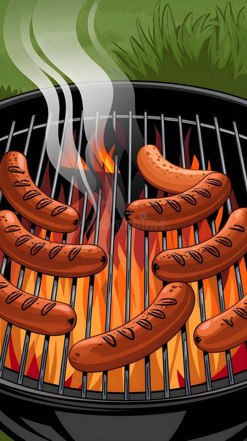 Grill grill grill z kiełbasy i płomienie zapraszające na zewnątrz scenę grilla royalty ilustracja
