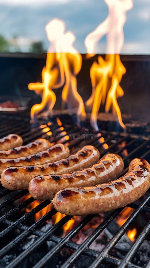 Grill grill grill z kiełbasy sizzling płomienie i zewnętrzna ambicja gotowania ilustracji