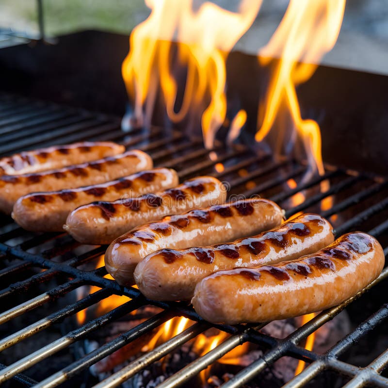Grill grill grill z kiełbasy sizzling płomienie i zewnętrzna ambicja gotowania ilustracji