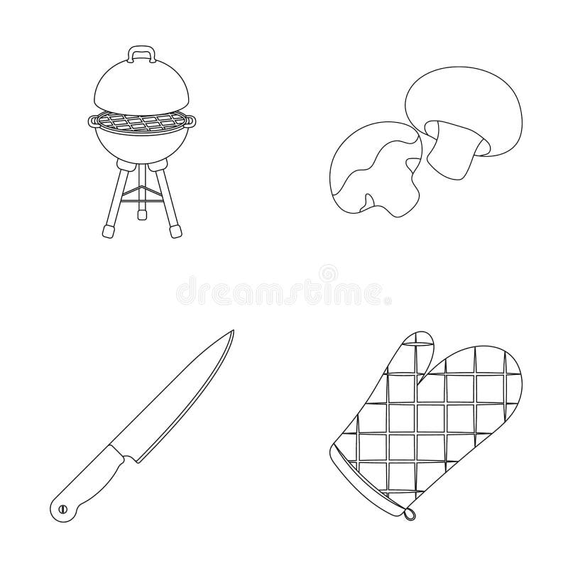 Grilla gallret, champignons, kniven, grillfesttumvante BBQ ställde in samlingssymboler i materiel för symbol för översiktsstilvek stock illustrationer Grilla gallret, champignons, kniven, grillfesttumvante BBQ ställde in samlingssymboler i materiel för symbol för översiktsstilvek stock illustrationer