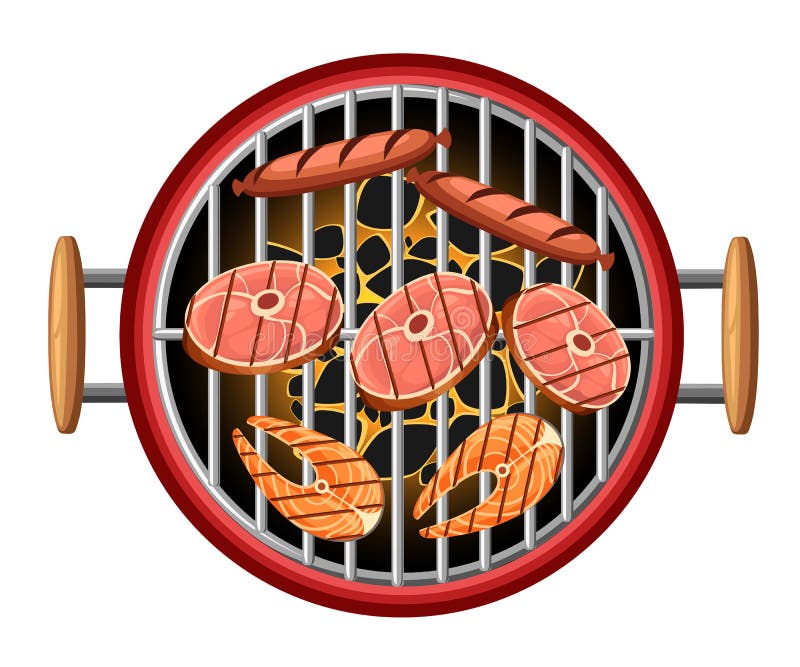 Grilla projekta elementów grilla odgórnego widoku palenia węgli bbq pinkinu kiełbasy na czerwonym kulinarnym przyrządzie z drewni royalty ilustracja Grilla projekta elementów grilla odgórnego widoku palenia węgli bbq pinkinu kiełbasy na czerwonym kulinarnym przyrządzie z drewni royalty ilustracja