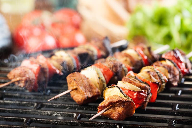 Grilla shashlik på grillfestgaller arkivbilder Grilla shashlik på grillfestgaller arkivbilder