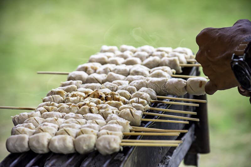 Grillade grisköttköttbullar på gallret, kol är på brand royaltyfri fotografi Grillade grisköttköttbullar på gallret, kol är på brand royaltyfri fotografi