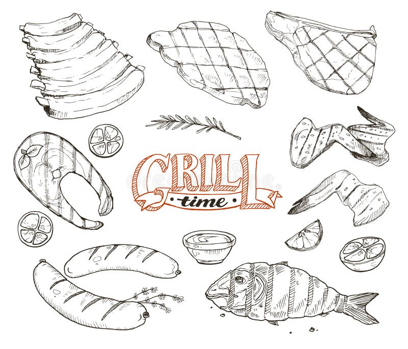 Grille ryba i spotkanie ilustracja wektor Grille ryba i spotkanie ilustracja wektor