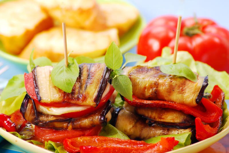 Grilled Aubergine with Cheese,paprika and Tomato Stock Photo Image of