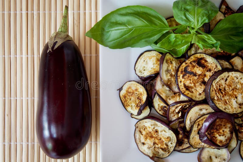 Grilled aubergines with basil, detail