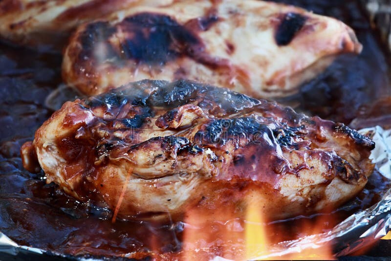 Grilled Barbecue Chicken over Flame with Steam