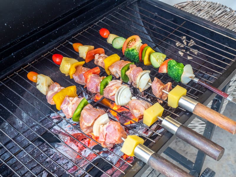 Grilled Barbecue Sticks on Fire, Beef, Pork, Chilli, Peppers, Pineapple ...