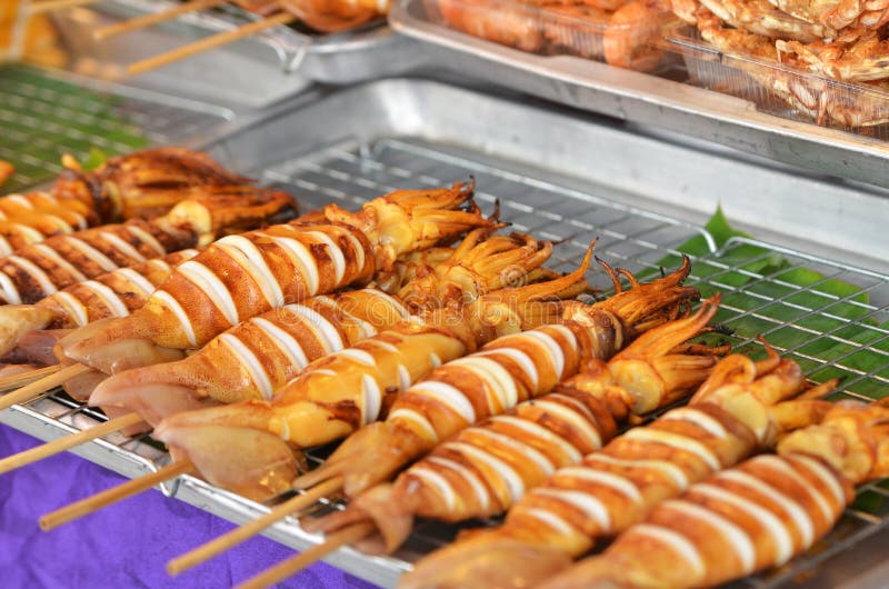 Grilled Bbq Squids on Sticks Stock Photo Image of asia, squid 93097948