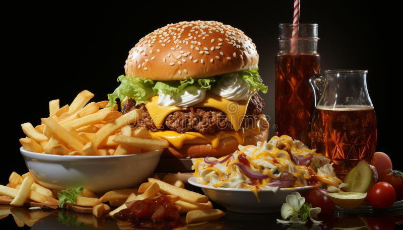 Grilled Beef Burger with Cheese Fries and Cola on Table Generated by