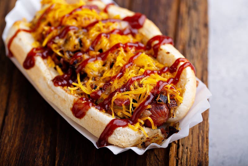 Grilled Beef Hot Dog with Bacon and Cheese Stock Image Image of bread
