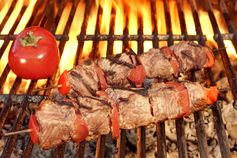 Grilled Beef Kababs On The Hot BBQ Grill Close-up