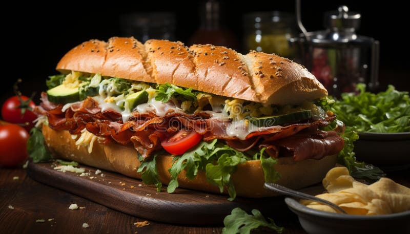 Sandviș cu carne de vită la grătar pe salată proaspătă de ciabatta brânză cheddar de casă cu brânză generativă stock photography