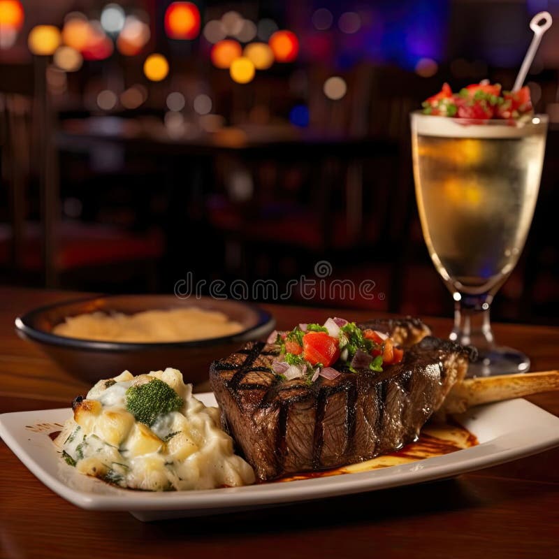 Grilled Beef Steak with Mashed Potatoes and Sauce on a Restaurant Table