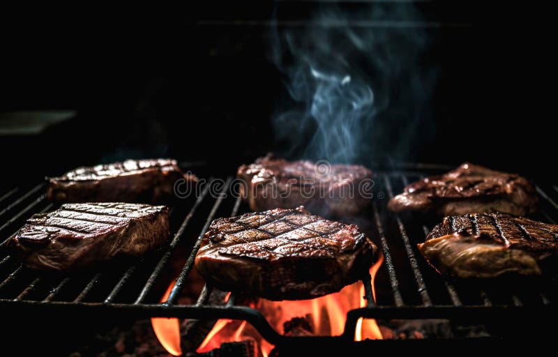 Grilled Beef Steaks on the Grill with Flames and Smoke Stock Photo
