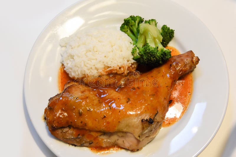 Grilled Chicken Breast With Vegetables, Rice In The Dish On The Wooden