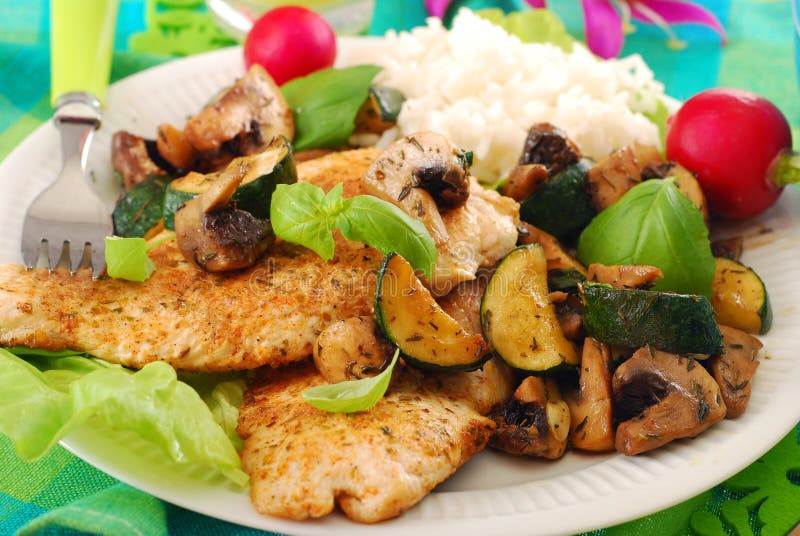 Grilled Chicken Breast with Zucchini and Mushrooms Stock Image Image