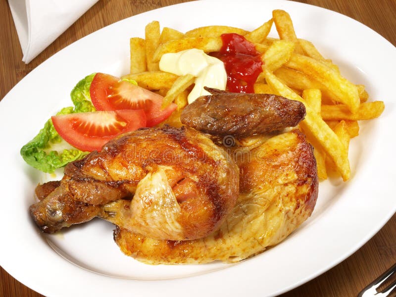 Grilled Chicken with French Fries and Ketchup, Mayo Stock Image - Image ...