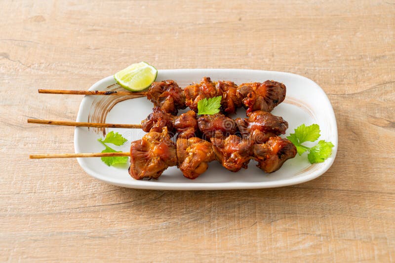 Grilled Chicken Gizzard Skewer with Herbs and Spices Stock Photo
