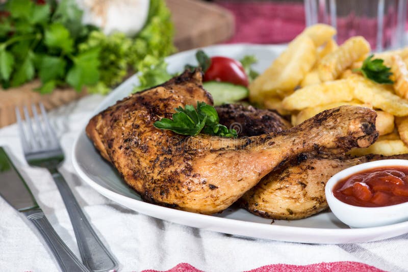 Grilled chicken and chips stock photo. Image of delicious 5037014
