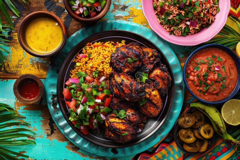 Grilled Chicken with Rice, Salsa, and Plantain Stock Illustration