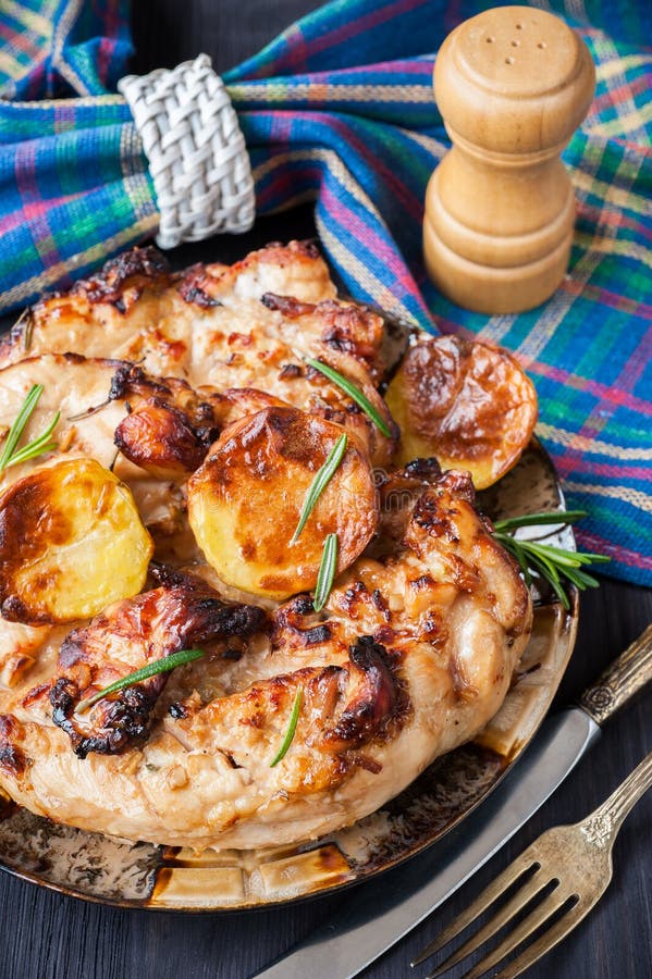 Grilled Chicken with Roasted Potatoes and Rosemary Stock Image Image