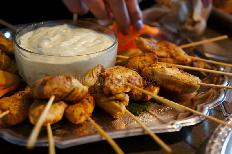 Grilled Chicken Skewers with Dipping Sauce Stock Photo Image of