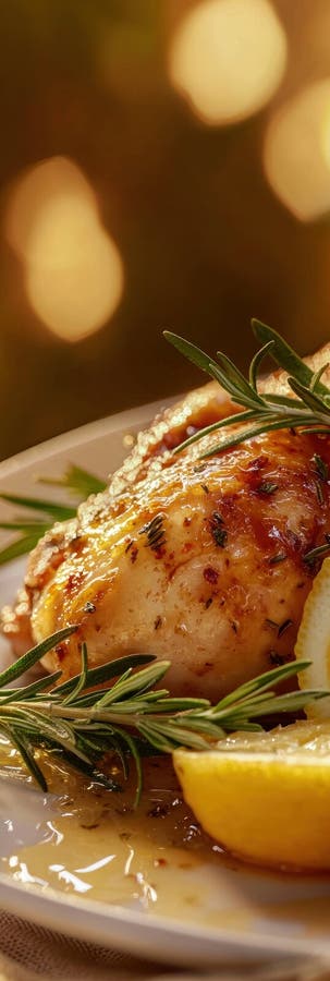 Grilled chicken slice with rosemary and lemon garnish royalty free illustration