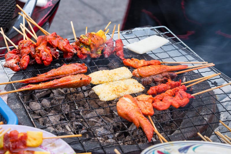 Grilled Chicken And Sticky Rice On Charcoal Stove At Sattahip Ma Stock