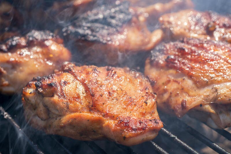 Grilled Chicken Thigh on the Flaming Grill Stock Image Image of flame