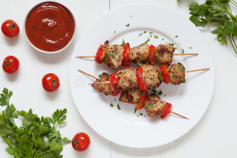 Grilled chiken kebab skewer barbecue meat with