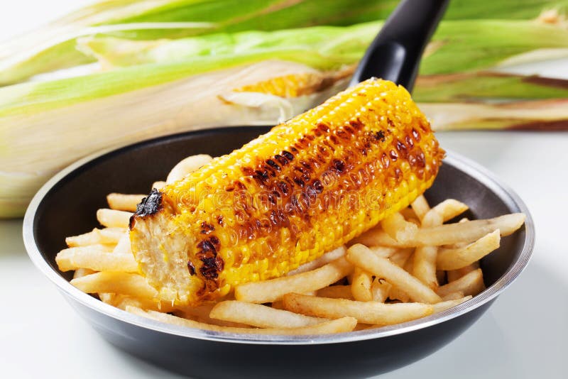 Grilled Corn with French Fries Stock Photo Image of tasty, roasted