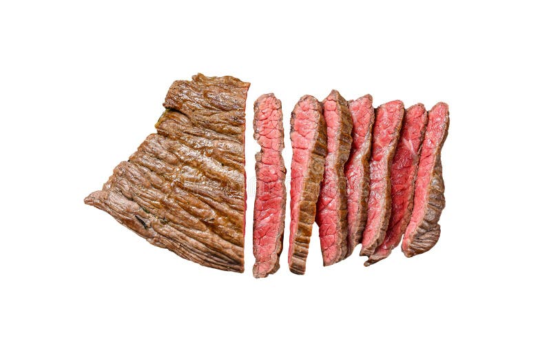 Grilled and Cut Flat Iron Steak. Marble Beef Meat. Isolated on White