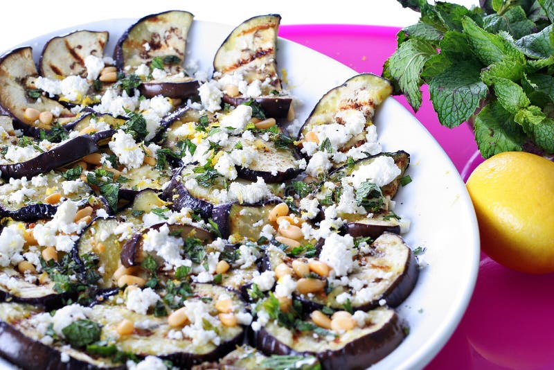 Grilled Eggplant and Goat Cheese with Pine Nuts Stock Photo Image of
