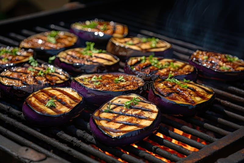 Grilled Eggplants with Herbs and Spices on a Barbecue Grill, Over an