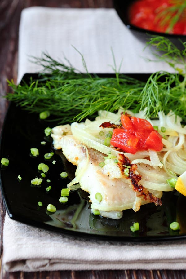 Grilled Fillet Lemon Sole with Onion Stock Photo Image of sole