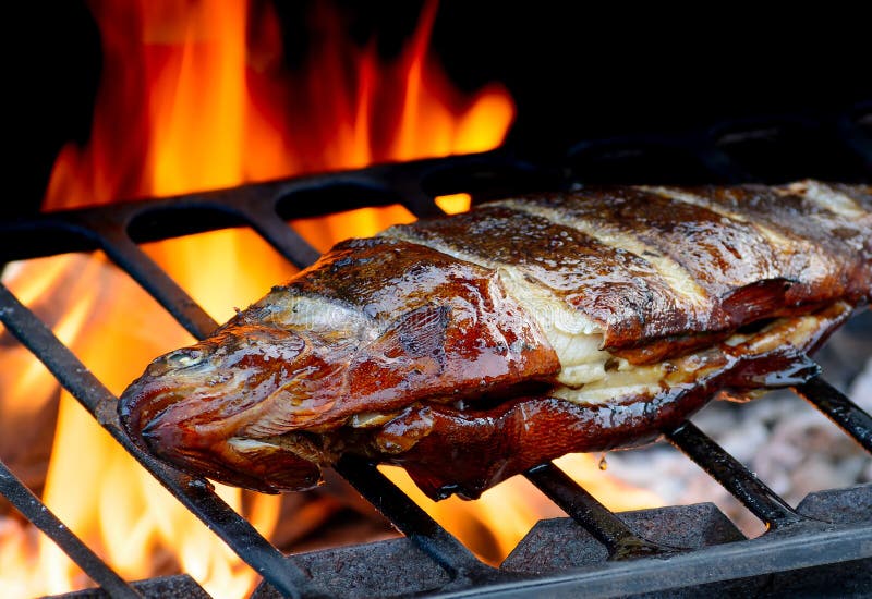 Hot Grilled fish on fire. 