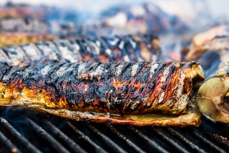 Grilled Fish on Charcoal Grill. Fresh Fish Barbecue Stock Photo Image