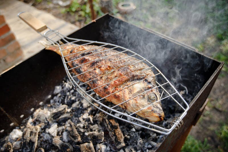 Cooking Fish Over Open Fire Stock Photo Image of bass, freshwater