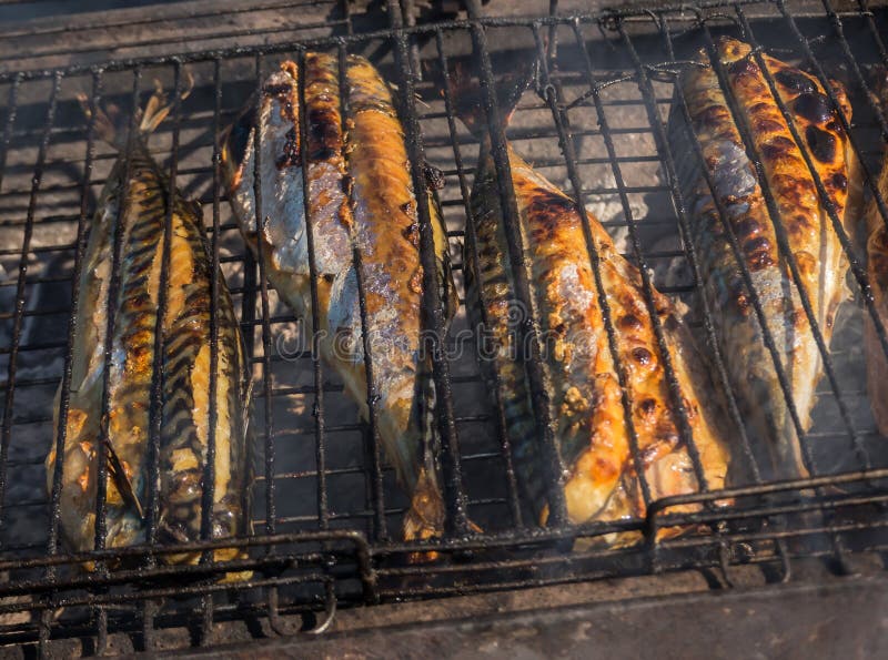 Grilled Fish Fried in Smoke. Barbecue Concept. Stock Photo Image of