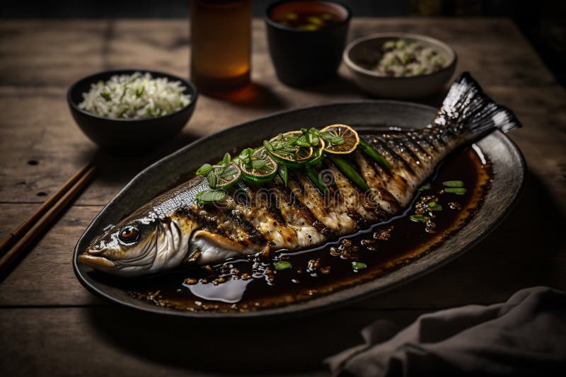 Grilled Fish with Garlic and Soy Sauce. Illustration Generative AI