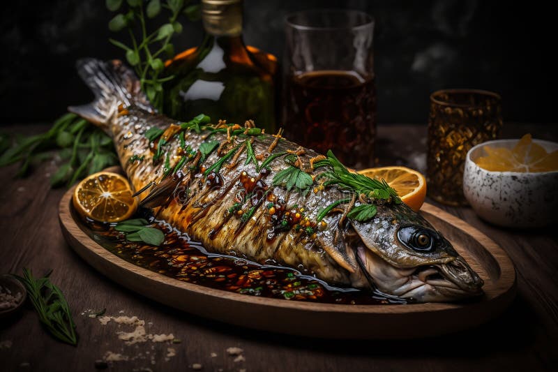 Grilled Fish with Garlic and Soy Sauce. Illustration Generative AI