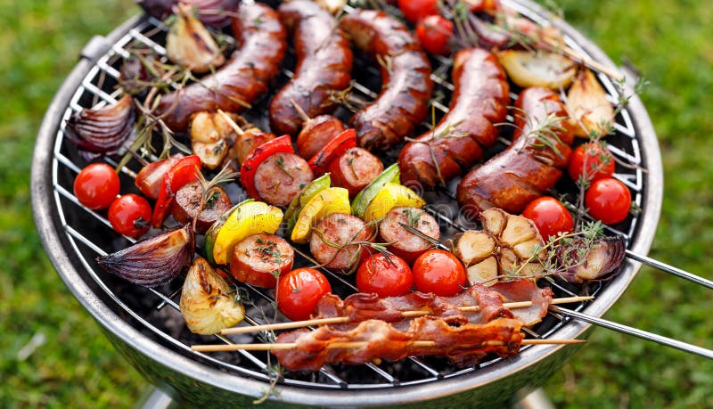 Grilled Food. Various Grilled Products: Grilled Sausages, Meat and ...