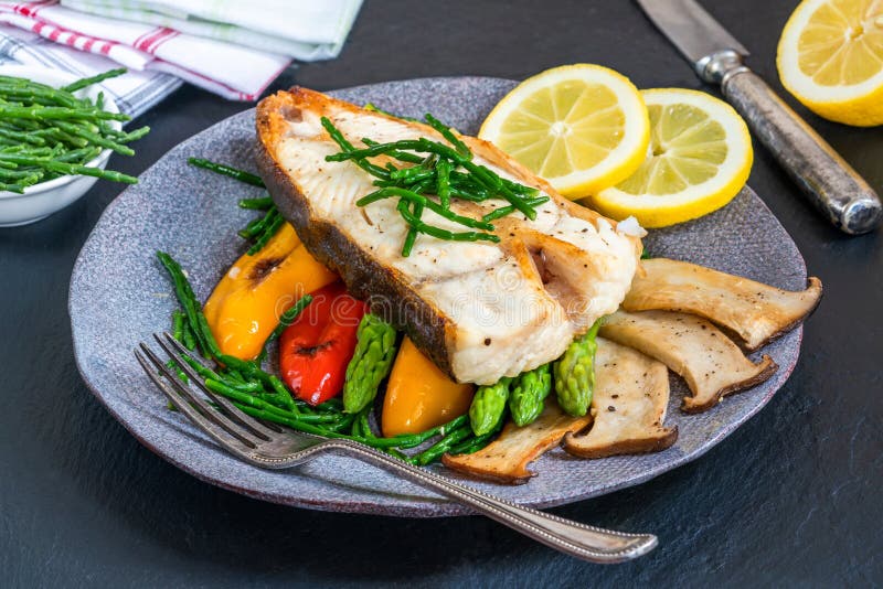 Grilled Halibut Steak with Vegetables Stock Image - Image of halibut ...